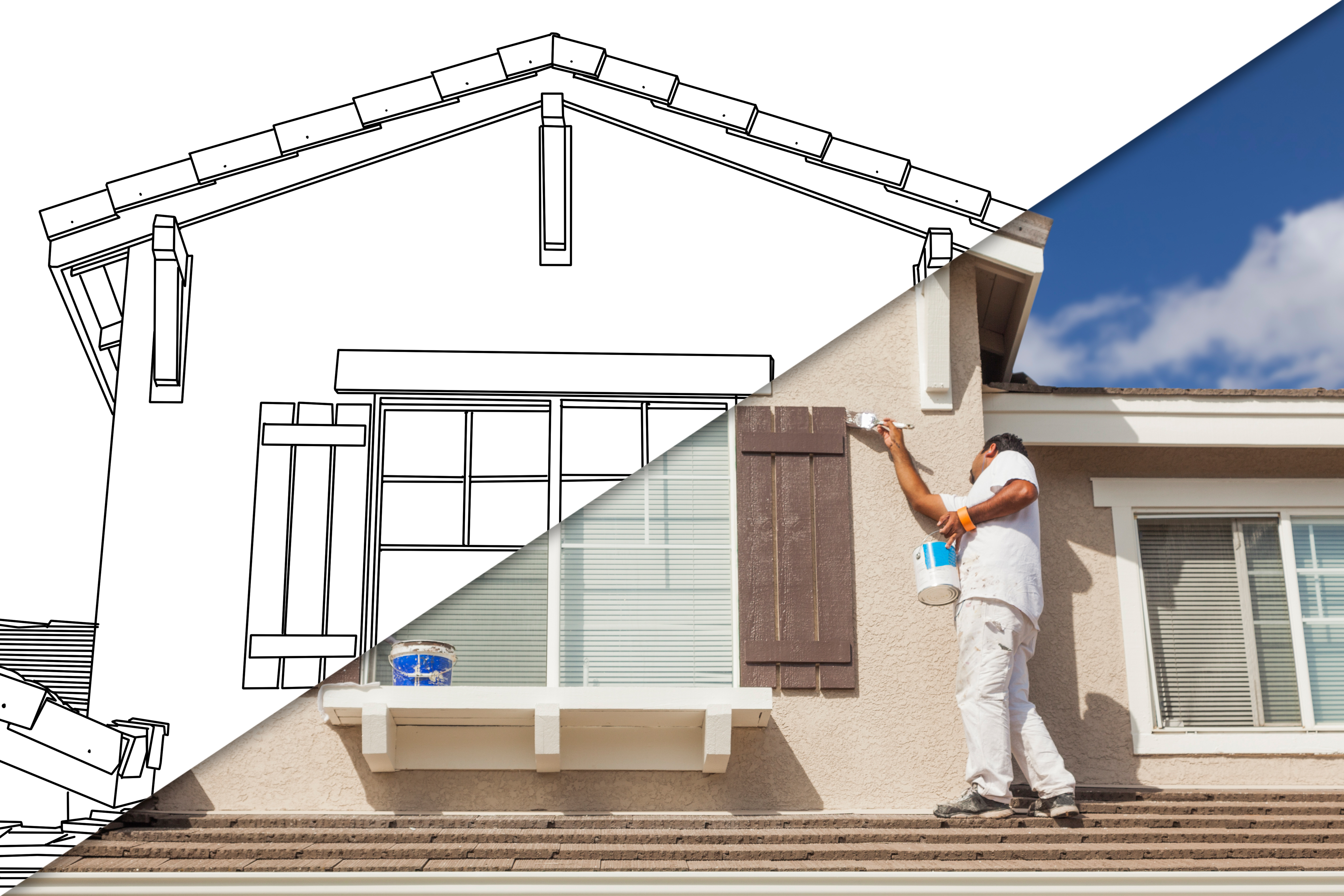 Diagonal split screen of drawing and photo of a busy house painter painting a home